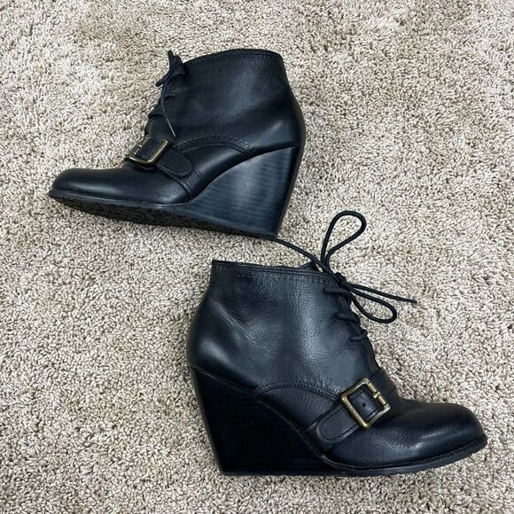 Fossil Charlene Ankle Boots Womens Size 6.5 Black Leather Lace Up Buckle‎ Wedge - Picture 6 of 12